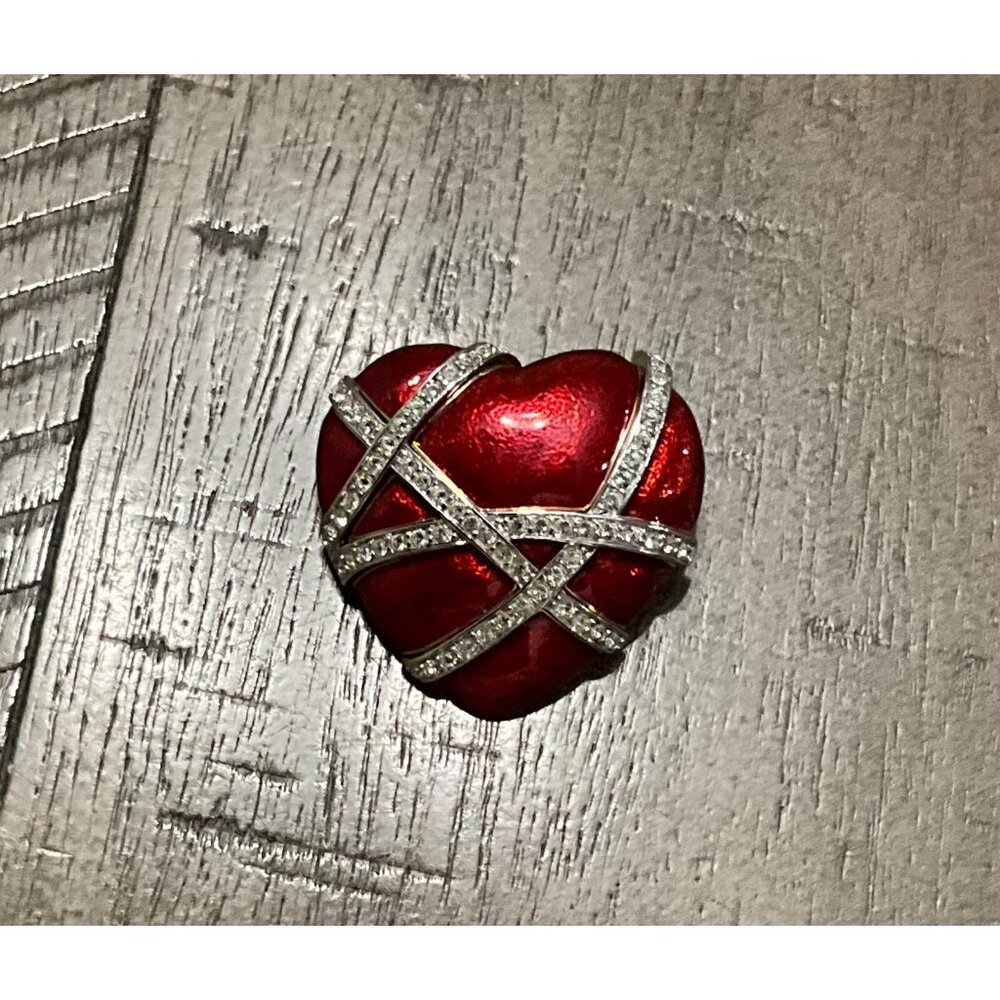 Designer Signed Brooch Red Guilloche Enamel Puffy Heart Rhinestones Ribbon